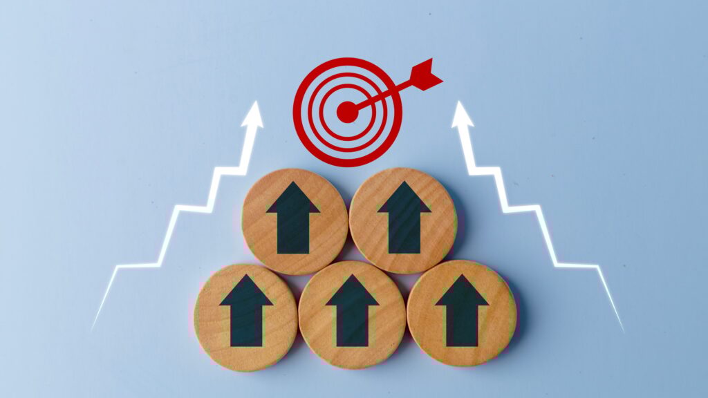 Business growth success achievement concept, arranging wooden block stacking target as step stair