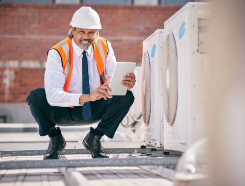 Engineering man, air conditioner and tablet for HVAC power, heating generator or fan check in portr